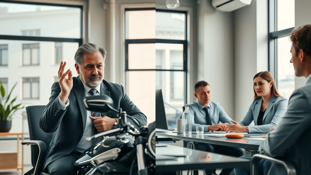 Comparison of motorcycle accident attorney consulting with a client and a mass tort legal team in meeting