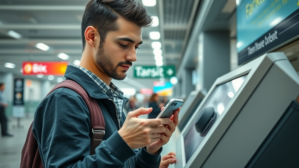 Dynamic interaction at transit kiosk, young professional using mobile phone to book a ride, customer experience for riders, bustling station background with digital screens and commuters