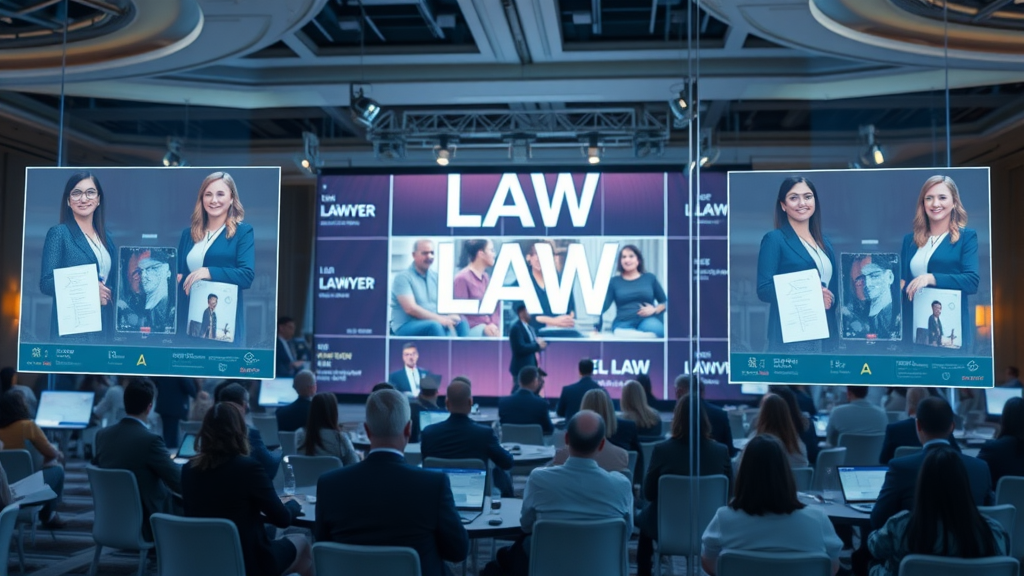 futuristic virtual law event with holographic displays showing lawyers and attendees connecting, innovation in event marketing for lawyers
