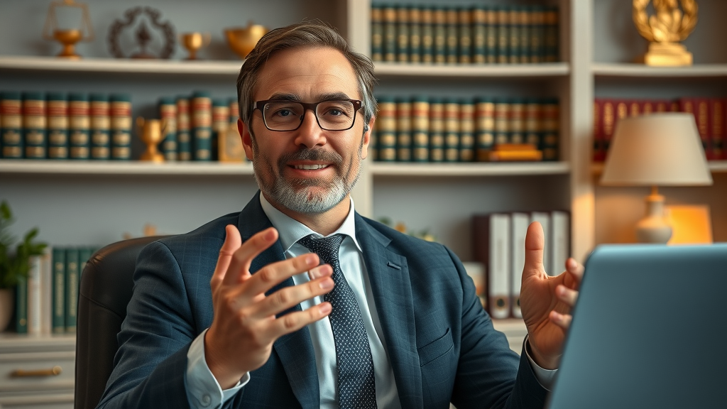 engaged attorney presenting content marketing and legal webinars online, home office with law books