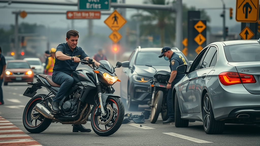 motorcycle safety tips shocking roadside accident scene with a motorcycle and car, first responders attending to the crash, urban intersection safety