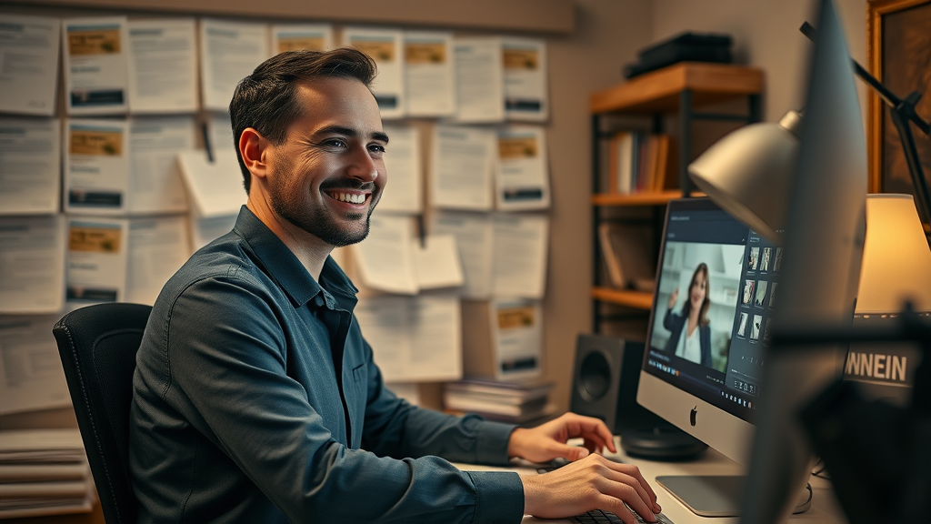 web developer creating video thumbnail for lawyer branding through video, legal documents, digital editing
