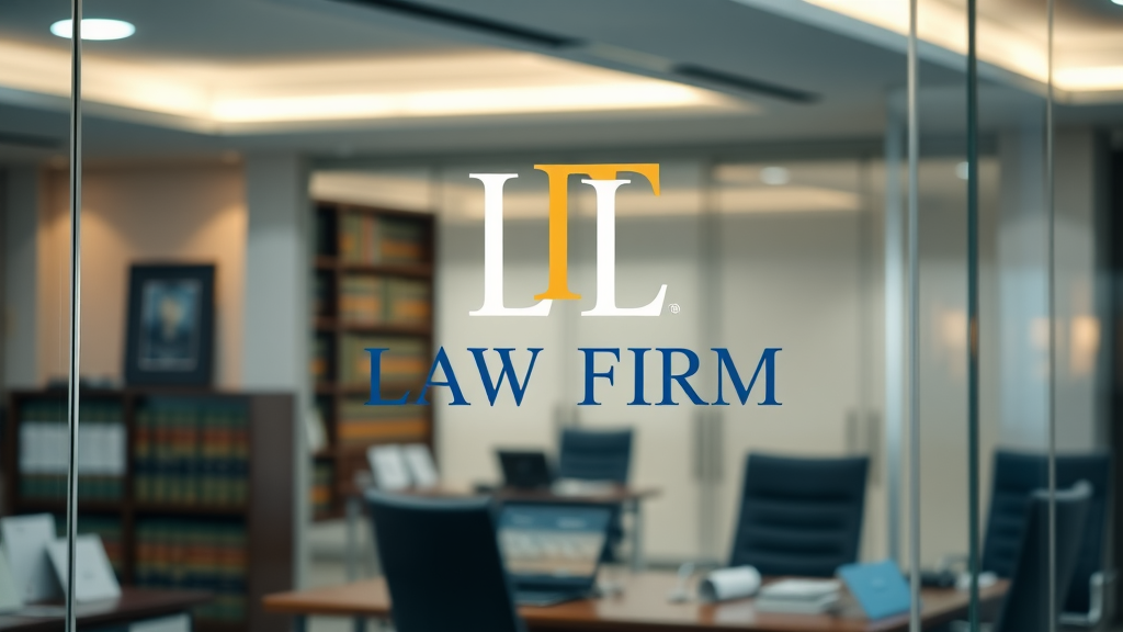 sophisticated law firm logo design displayed on a glass office wall representing strong brand identity