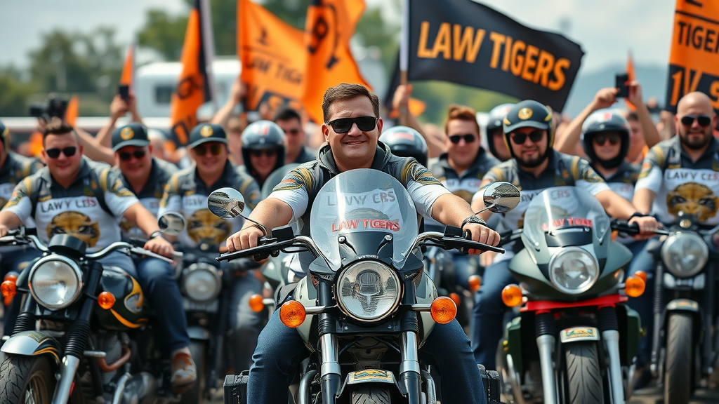 Energetic motorcycle group in Law Tigers attire, using video equipment for motorcycle lawyer video marketing