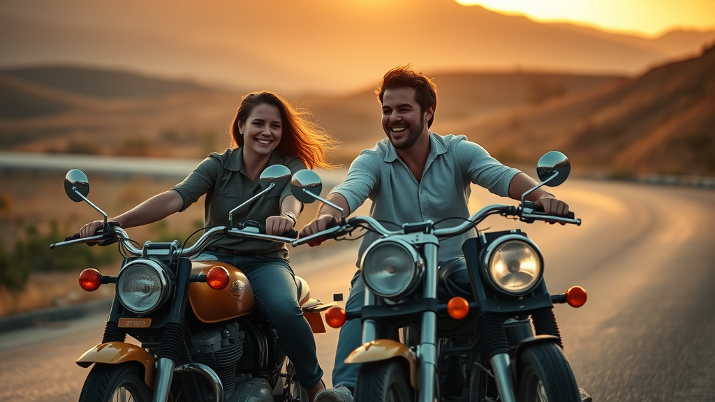 Friends riding motorcycles together at sunset, sharing a moment, highlighting emotional connection and brand loyalty among riders.