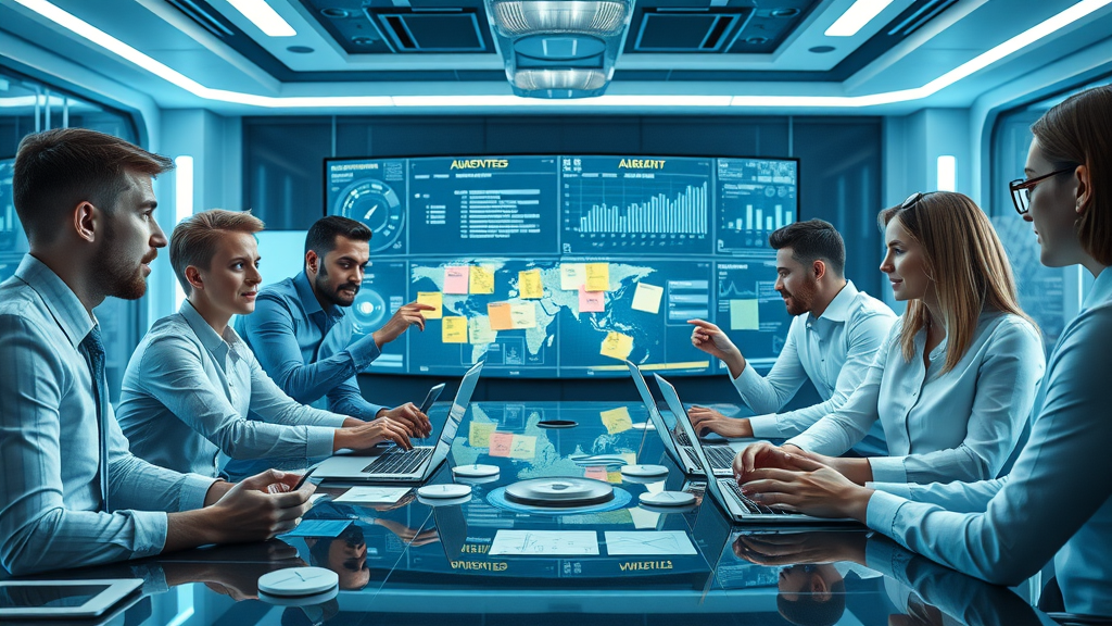 enthusiastic law firm marketing team brainstorming event promotion strategies using futuristic digital dashboards and holographic timelines