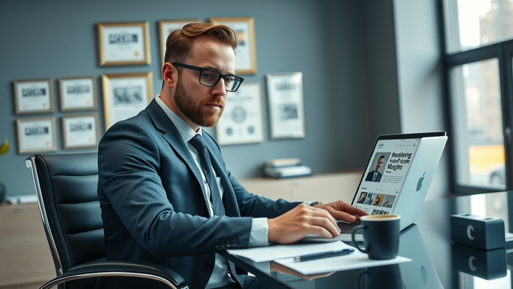 Google Ads for motorcycle lawyers: Professional lawyer at desk reviewing digital law firm marketing campaign