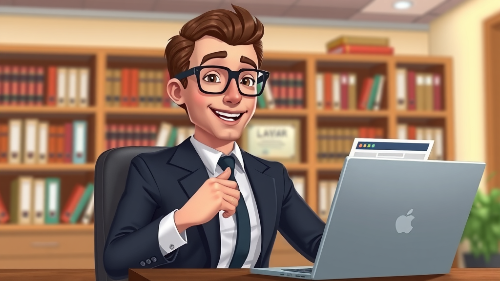 professional lawyer sharing legal insights via video call, office, bookshelves, cartoon style, social media icons, approachable