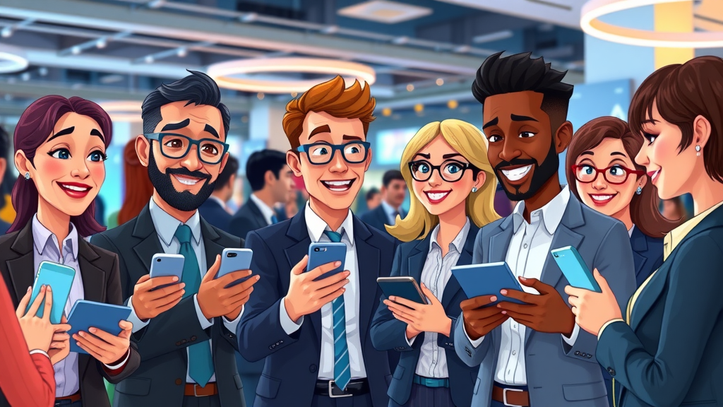 Diverse lawyers at a legal networking event using event marketing best practices, digital networking tools, vibrant event space