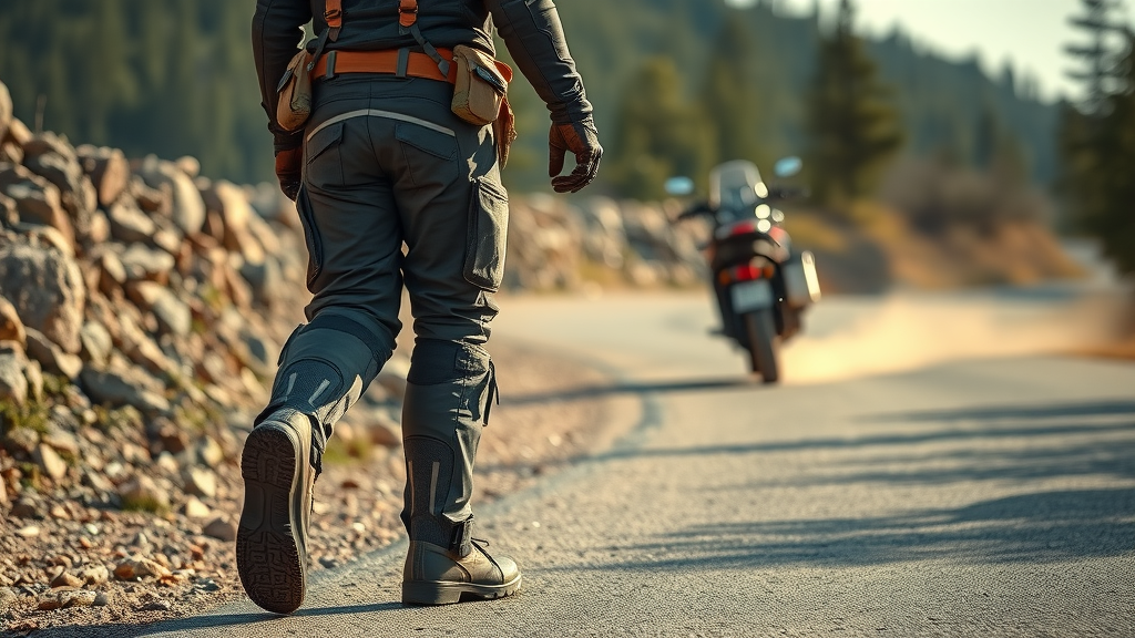 rugged motorcyclist in reinforced motorcycle pants and boots, adventure touring bike, cycle gear, rocky terrain