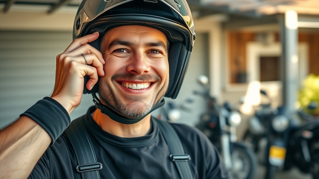 Friendly motorcyclist demonstrating the 2 2 2 rule for legal motorcycle helmet fit.
