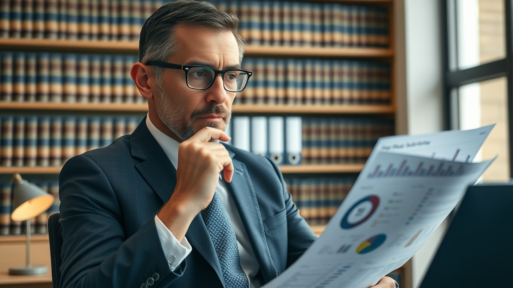 insightful lawyer reviewing marketing reports motorcycle lawyer marketing modern law office