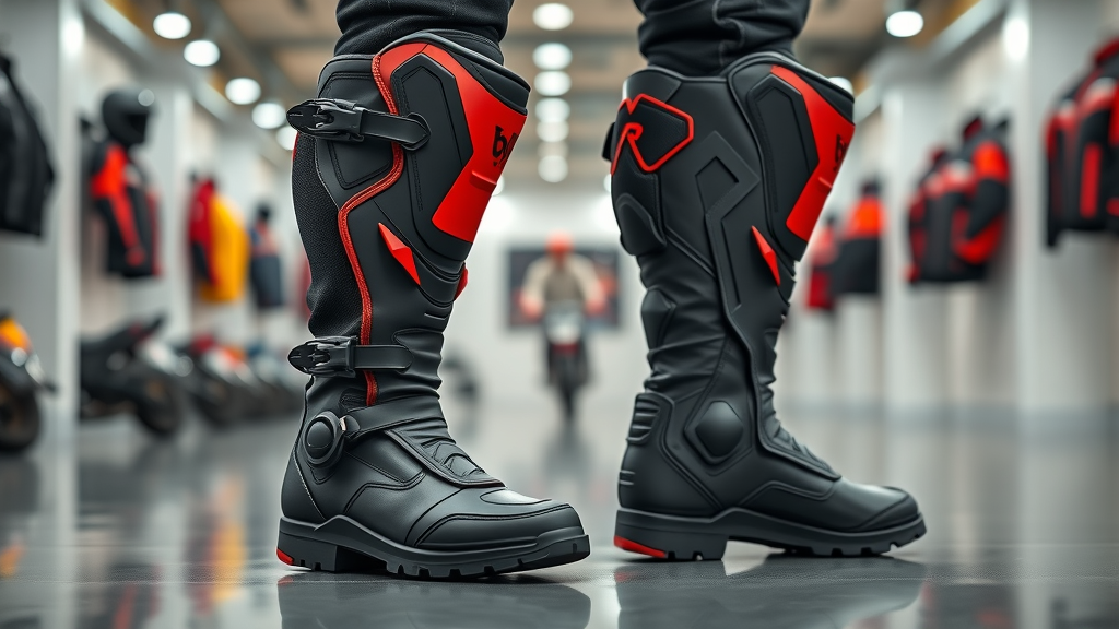 high-performance motorcycle boots with visible ankle and shin protection, motorcycle gear showroom, rich black and red colors