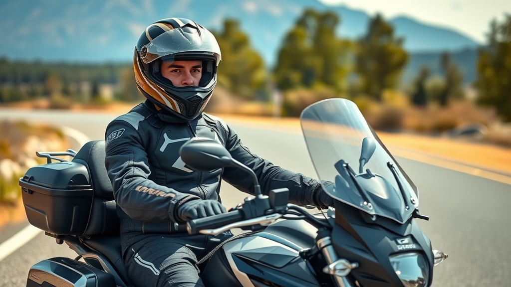 confident motorcyclist in full modern motorcycle safety gear on open road with touring motorcycle, chrome details, vibrant colors, natural daylight