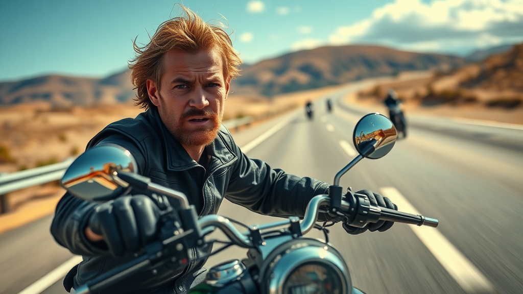 intense motorcycle rider targeting motorcycle riders, determined look, riding confidently on highway, vivid colors, wind in motion, road blur indicating speed