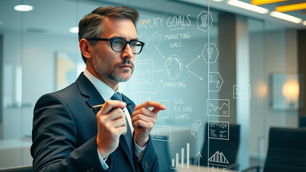 professional lawyer sketching law firm video marketing goals on a transparent board in a conference room