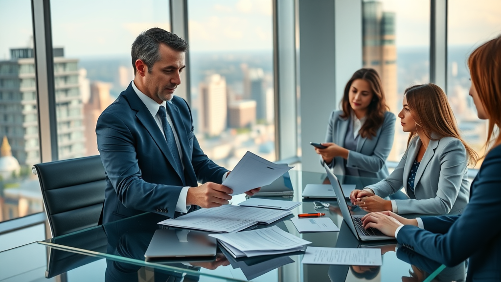 Personal injury lawyer team reviewing motorcycle accident documents for injury claim