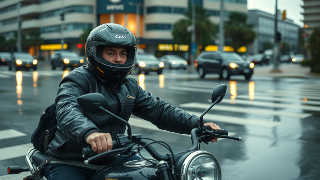 motorcycle safety, cautious motorcyclist navigating wet intersection, accident prevention during rain