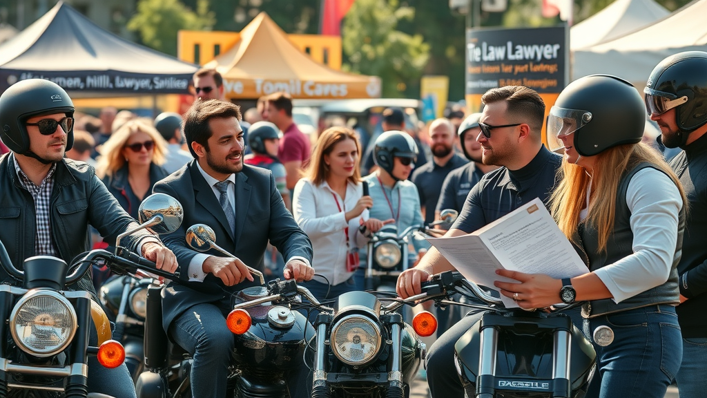 Motorcycle rally networking with a professional lawyer at a law firm booth