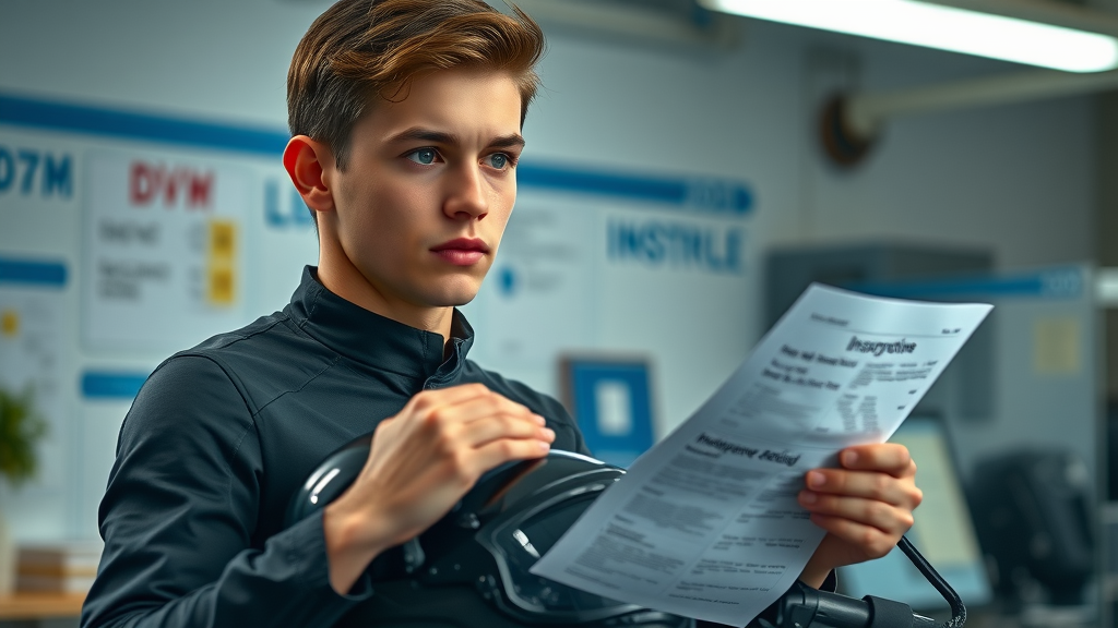 young motorcyclist with helmet reviewing insurance paperwork for motorcycle insurance requirements