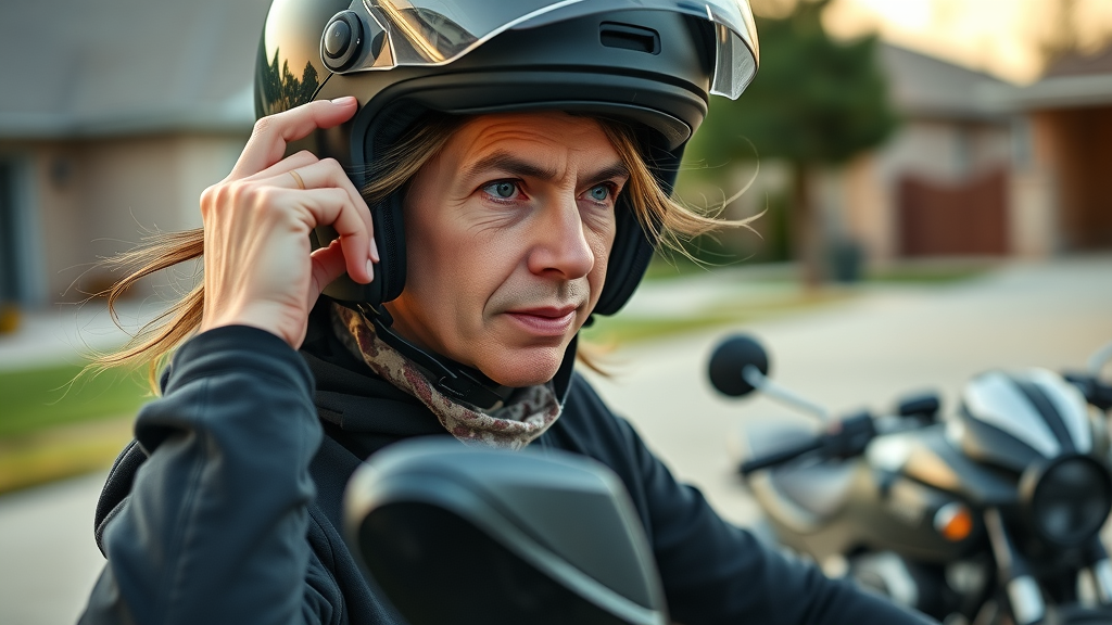 motorcycle helmet law affecting legal rights - motorcyclist putting on DOT helmet in suburban driveway