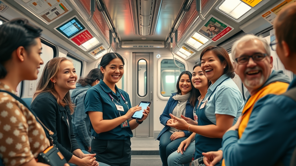 Success in enhancing rider engagement: cheerful public transit staff demonstrating a digital app to satisfied passengers