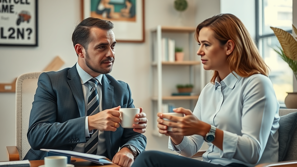 Empathetic lawyer and motorcycle accident survivor discussing injury case in a welcoming setting