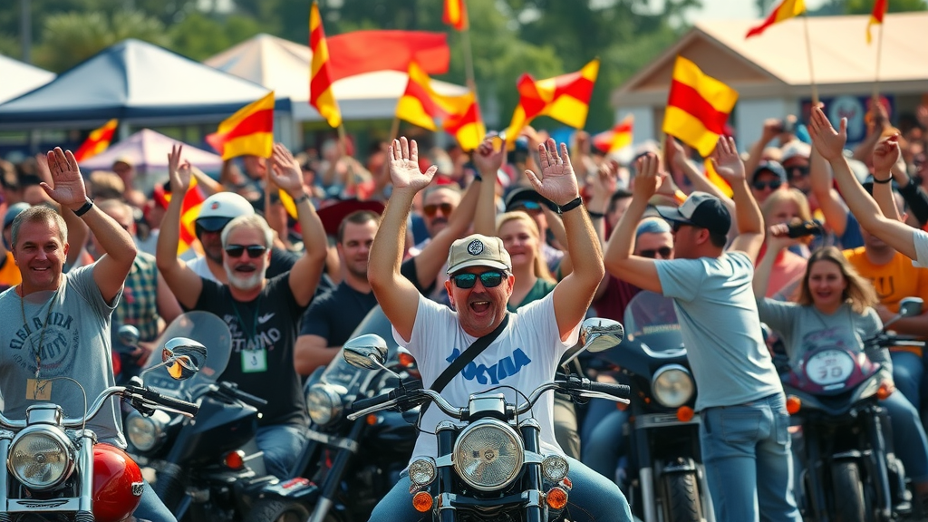 motorcycle rally marketing dynamic crowd enthusiastic participants festival tents motorcycles lined up