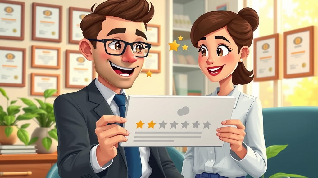 Attorney reading positive client reviews in a warm and inviting law office, highlighting reputation for motorcycle law