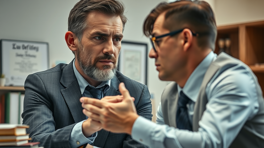 motorcycle accident victim consulting with a personal injury attorney about an accident case - impactful close-up, law office scene, legal books and diplomas