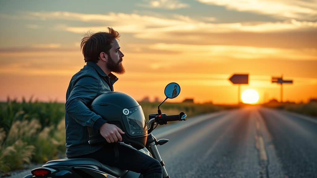 motorcycle rider contemplating helmet law at scenic rural crossroads, helmet in hand, sunset backdrop