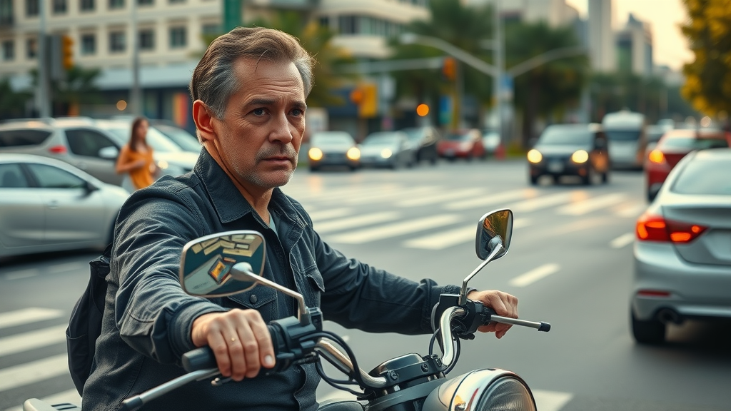 concerned motorcyclist scanning for hazards at busy intersection - Motorcycle Accident Prevention