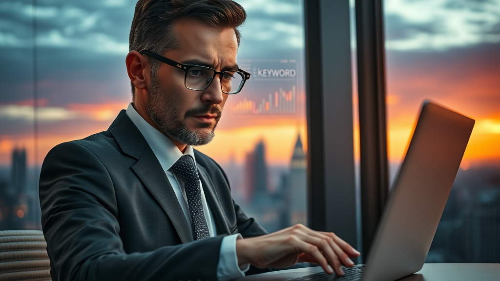 attorney selecting SEO keywords for personal injury law firm on laptop with digital interface overlay