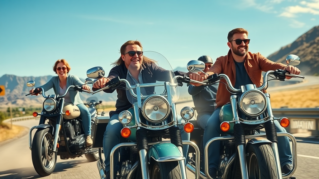 Dynamic group of motorcycle enthusiasts riding together, branding for motorcycle enthusiasts, scenic open road, mountains in background, vibrant motorcycle community, chrome details glinting, natural daylight
