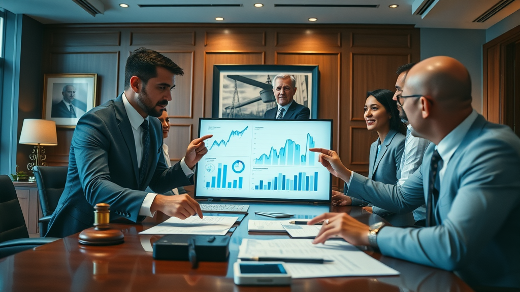 legal professionals analyzing marketing charts and performance graphs for an effective law firm marketing strategy