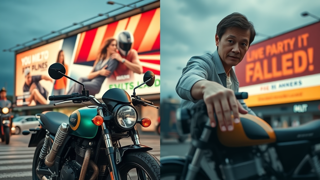 comparison successful and failed campaign targeting motorcycle riders, vibrant and dull digital billboards side by side, contrasting emotional responses