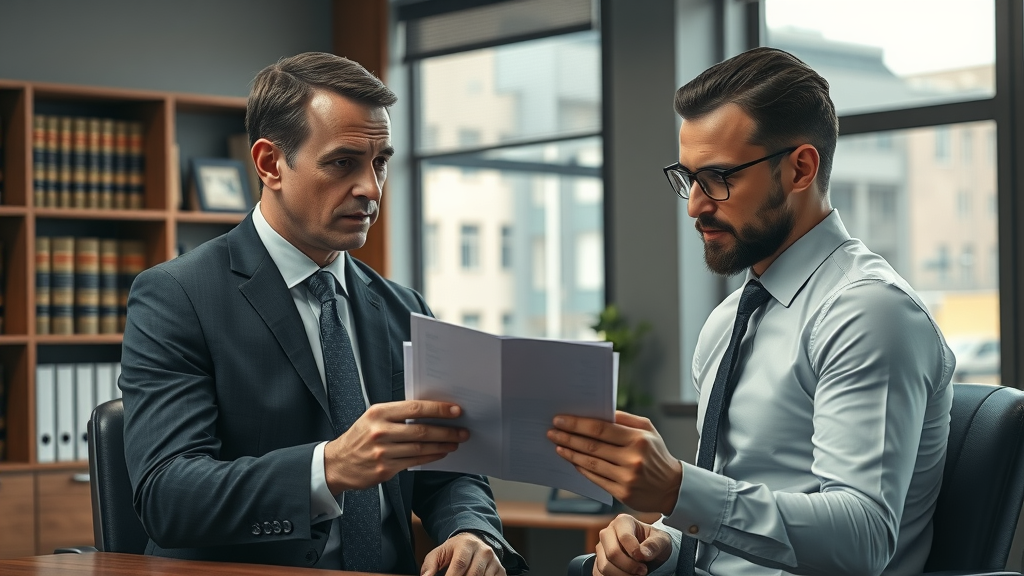 Accident lawyer explaining documents to injured rider in a law office, photorealistic lifelike accident case consultation