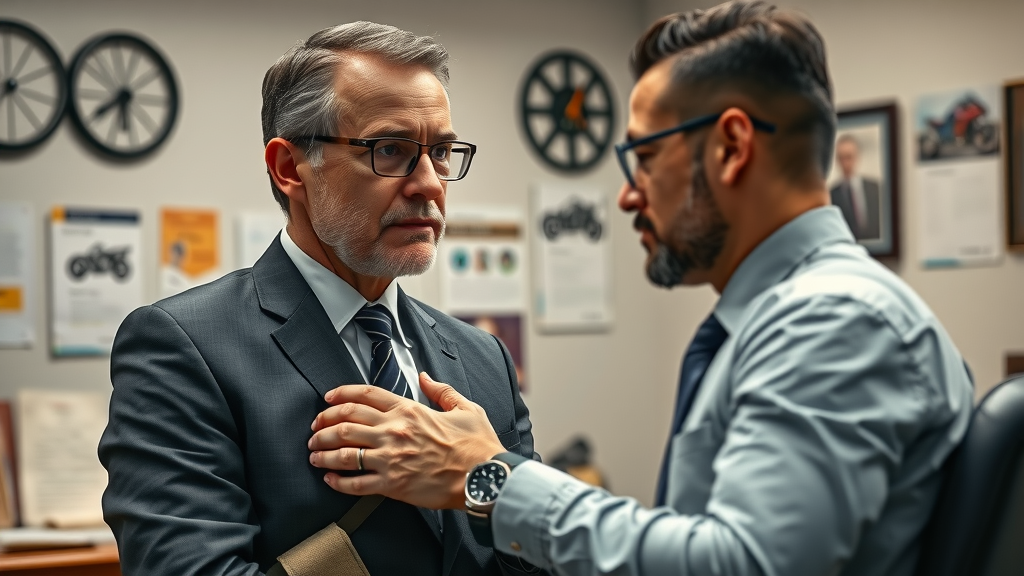 Empathetic lawyer assisting injured motorcyclist in law office with motorcycle memorabilia