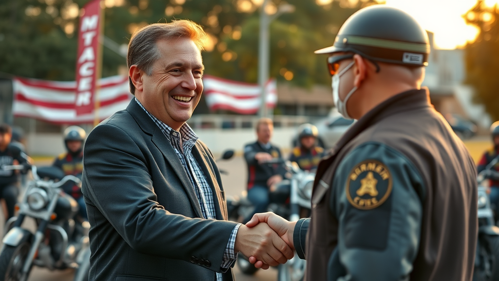 community-focused attorney shaking hands motorcycle club president outreach motorcycle lawyer marketing