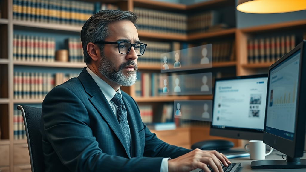 Insightful lawyer reviewing digital client feedback, law firm reputation management, legal directories and testimonials, online content reviews