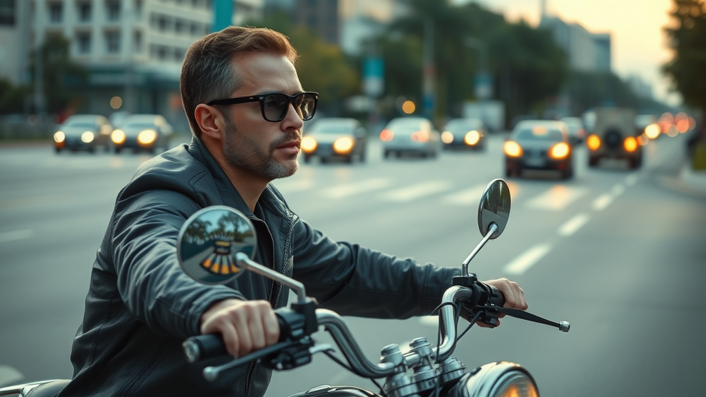 motorcycle safety tips focused motorcycle rider positioned safely in traffic urban street lanes