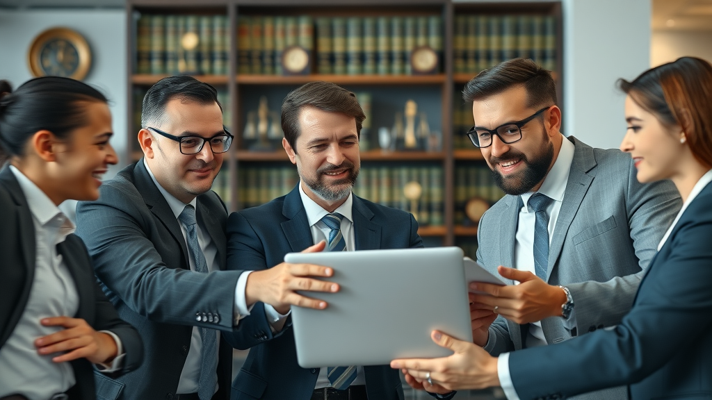 Motorcycle accident lawyers discussing digital marketing strategies in a modern law office with legal awards and books