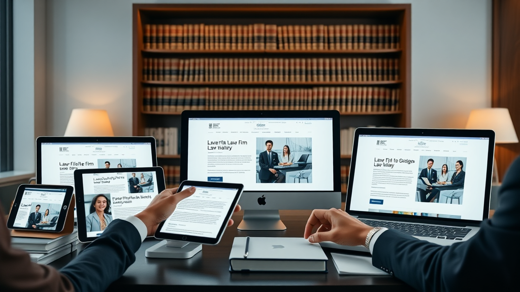 sleek law firm website optimization on various devices, touchscreens, legal office background