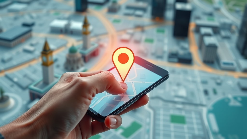sleek digital map interface, highlighted law firm location pin, user browsing on smartphone, search results for local SEO for law firms