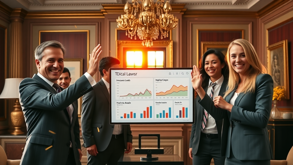 triumphant law firm team celebrating digital marketing success after doubling leads due to website redesign