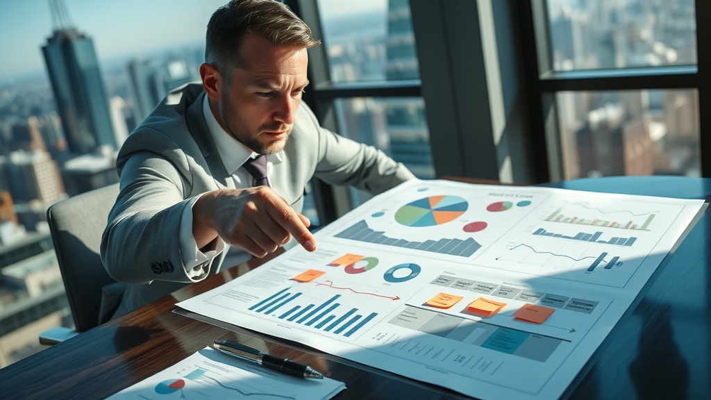 attorney devising social media strategy for law firms, reviewing organized marketing charts and planning social media account activities