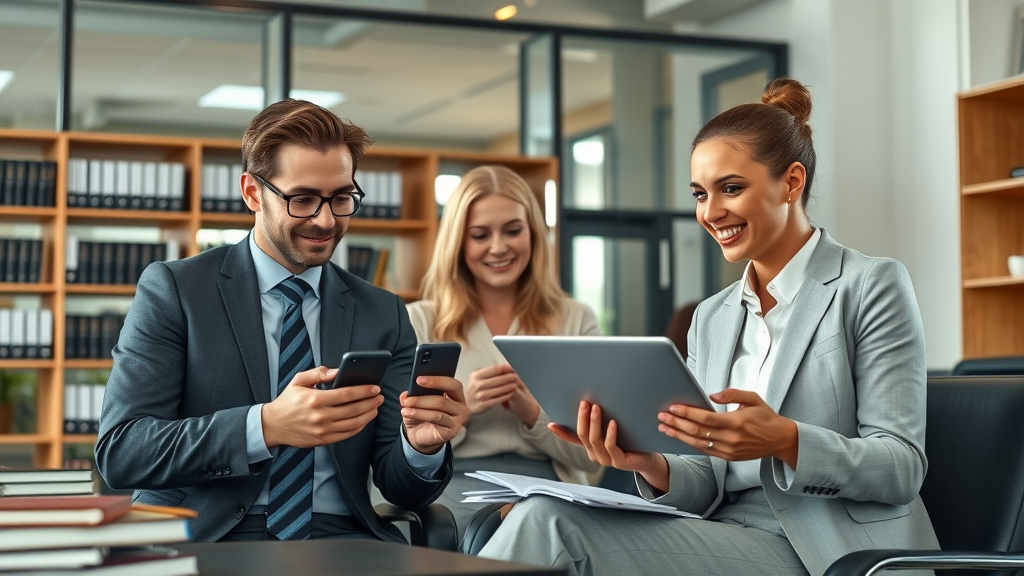 modern law firm office, confident legal professionals, engaging with laptops and smartphones, social media marketing for lawyers