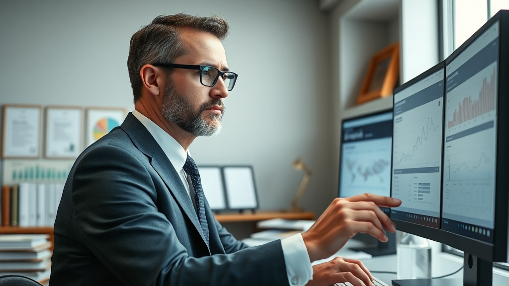 business owner reviewing law firm website optimization analytics on a monitor, legal books in background