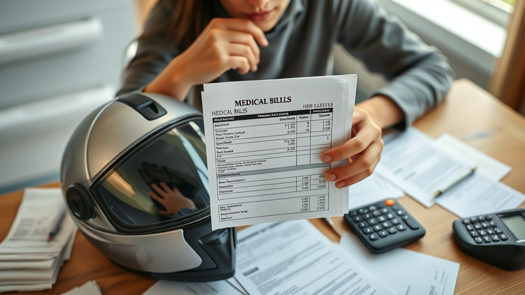 Hands holding medical bills and damaged helmet after motorcycle accident, economic damages claim