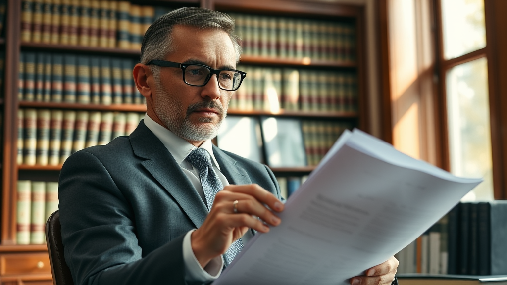 personal injury lawyer reviewing legal documents in law firm office
